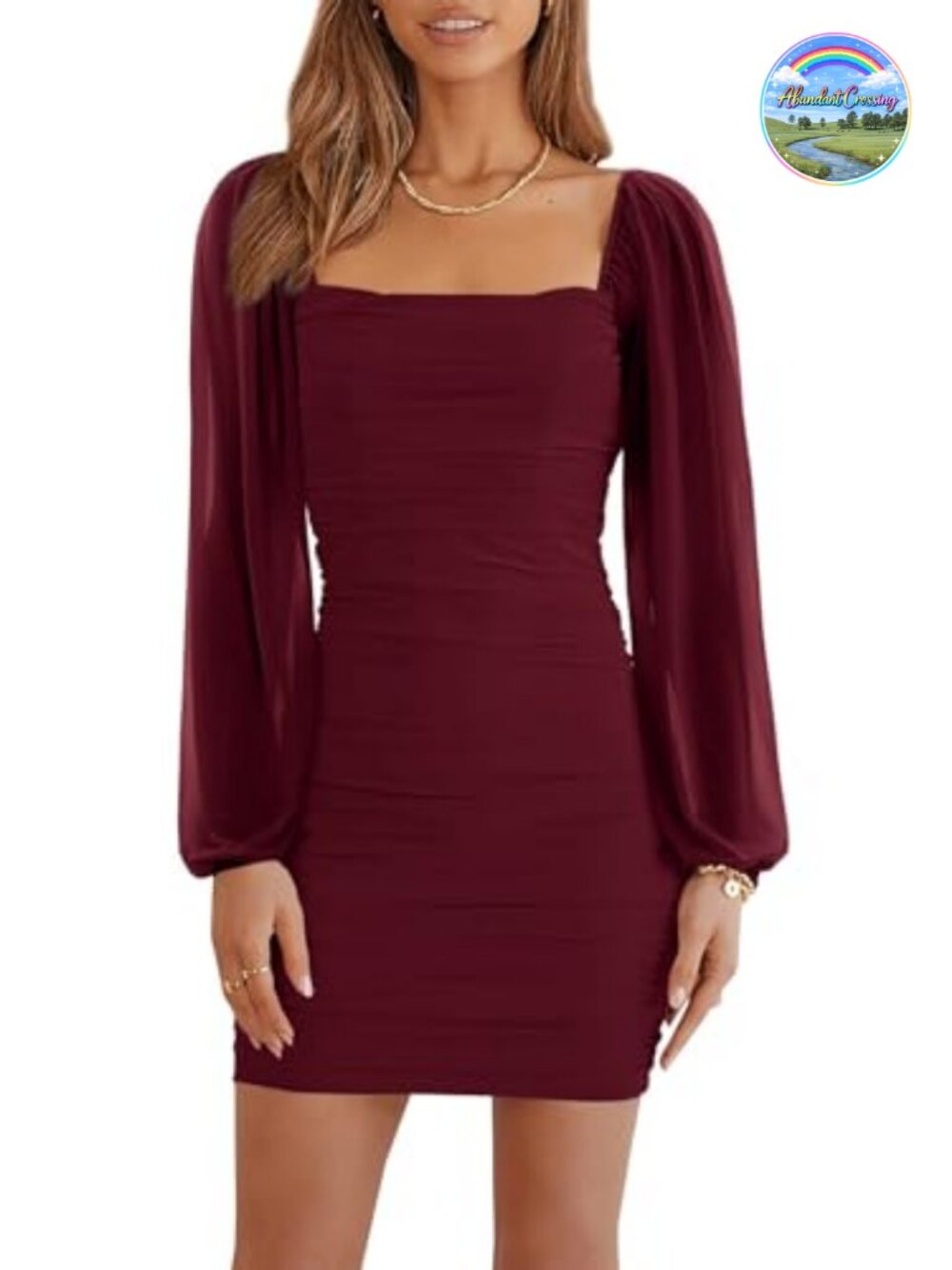 Mesh Long Sleeve Square Neck Ruched Bodycon Mini Dress